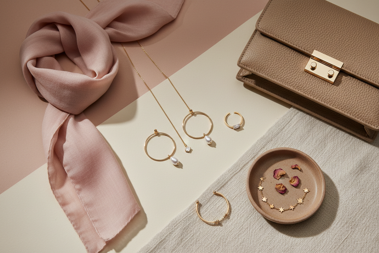 Add earring, necklace, accessories with a aesthetic background with nude colors